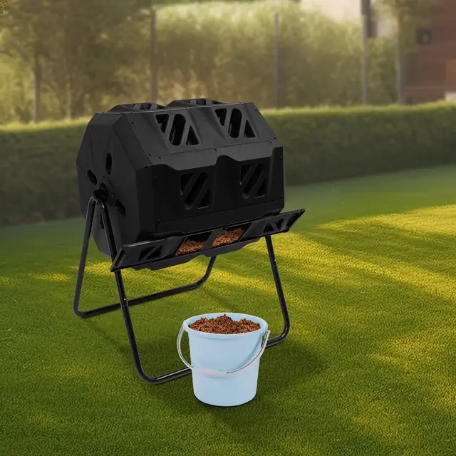 Cubo de compostaje giratorio de doble cámara, 160 L, compostador de tambor, compostador para residuos de cocina y plantas, 70 x 60 x 93 cm