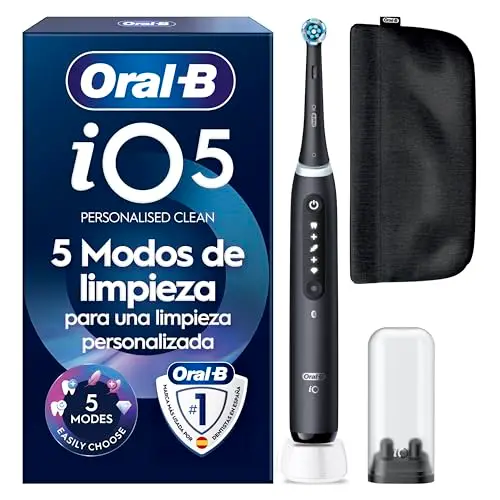 Oral-B iO 5 Cepillo de Dientes Eléctrico, 1 Cabezal, Negro - Cepillo Dental con Sensor de Presión, 5 Modos de Cepillado con Blanqueamiento Dental, Temporizador, Seguimiento con App, Estuche de Viaje