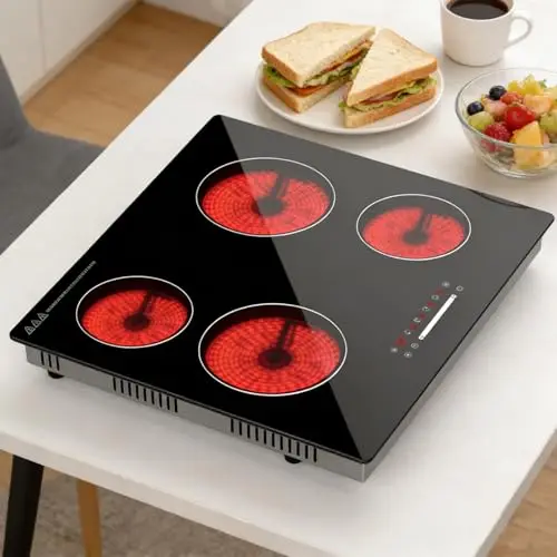 Placa Vitrocerámica 4 Zonas 60 cm, 6000W, Control Deslizante Touch, Zonas Individuales, Integrable