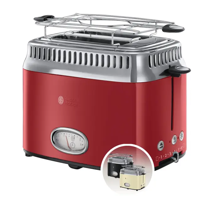 Russell Hobbs Tostadora Retro - 2 Ranuras Cortas y Anchas, Tostador para 2 Rebanadas, Bandeja Recogemigas, Calientapanecillos, Función Descongelar, Diseño Vintage, Acero Inoxidable, Rojo - 21680-56