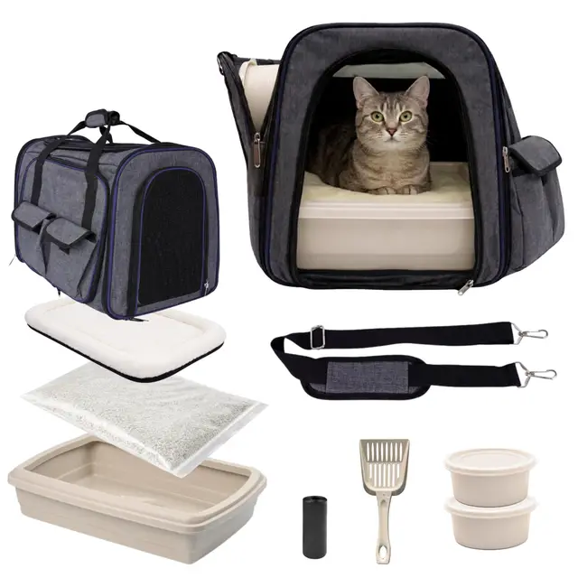 Kit Completo Gatos Accesorios: transportin Gato Grande y arenero Gatos, comedero, Bebedero, camita y Pala - Ideal en Viajes, Coche, Vacaciones y Bienvenida al hogar (Marrón Claro)