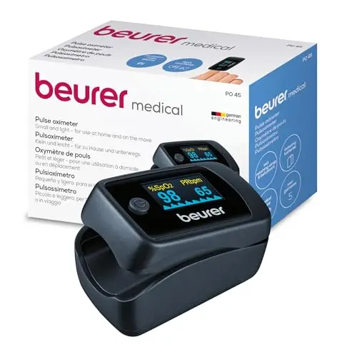 Beurer PO 45 Pulsioxímetro, medición de la saturación de oxígeno (SpO2), la frecuencia cardíaca (pulso) y el índice de perfusión (PI), uso indoloro, pantalla en color