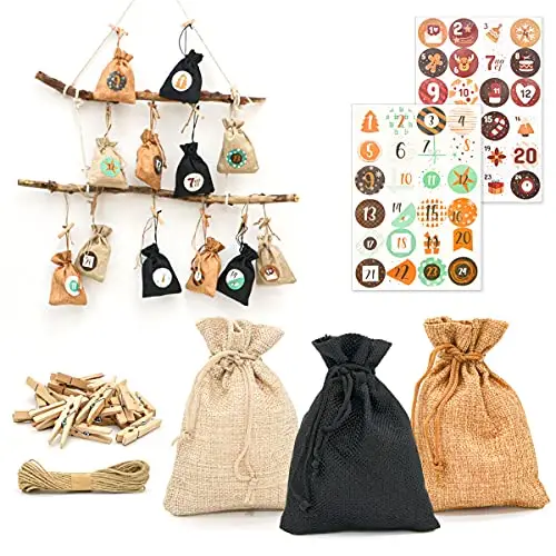 Calendario de Adviento DuneDesign para rellenar - DIY 24 bolsitas de tela con guirnalda y juego de pegatinas - Calendario de Navidad para rellenar tú mismo Bolsitas de Adviento para rellenar Niños