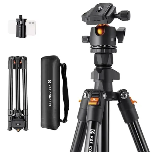 K&F CONCEPT Trípode Cámara 163CM Trípode Viaje en Aluminio con Soporte de Teléfono con 360° Rótula de Bola para Cámara DSLR(Solo 1.24kg)