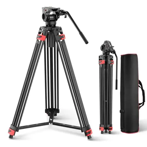 NEEWER Básico 74" Trípode Vídeo con Cabezal Fluido, Trípode Cámara Metal con Amortiguación, Esparcidor de Nivel Medio, Placa Liberación Rápida Compatible con Manfrotto 501, Carga Máx 17.6 lb, TP37