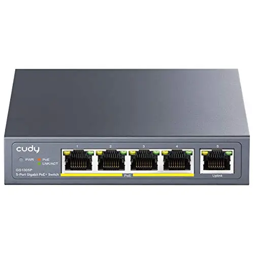 Cudy GS1005P - Conmutador Ethernet Gigabit (5 Puertos PoE+ 60 W, 4 Puertos 10/100/1000 Mbps, PoE+, Switch Unmanaged, Sin alimentación Adicional, 802.3af/at