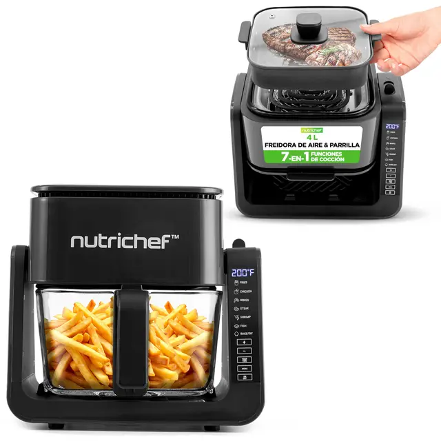 Nutrichef freidora de aire de 3.8L y grill de 1L, 7 modos de coccion preestablecidos, Tazon transparente