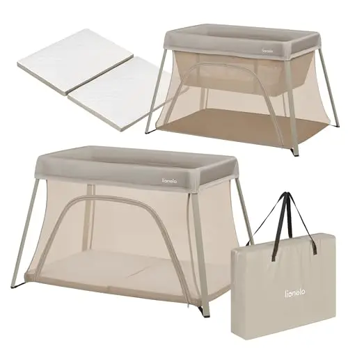 lionelo Cuna de Viaje Parque Cuna Bebe 3 en 1 Alice de 0 a 15 kg Colchón de Espuma, 2 Niveles de Altura, Plegable, Pequeña, Ligera, Entrada Lateral, Bolsa de Viaje
