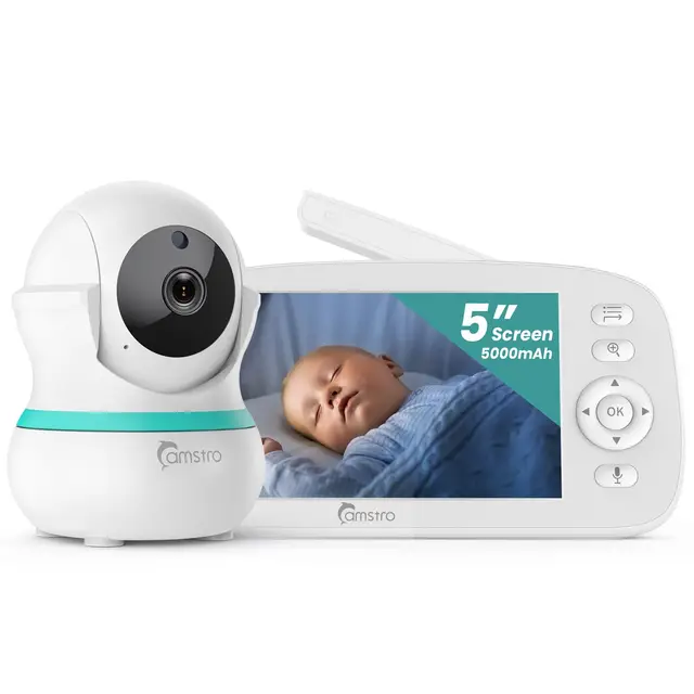 Babyphone cámara de 5 Pulgadas, 360°, Zoom 4X, visión Nocturna, Audio bidireccional, 5000 mAh, batería de recordatorio de alimentación, cunas, detección de llanto VOX sin WiFi, detección de