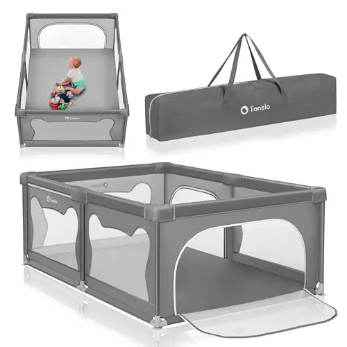 LIONELO Willow - Parque infantil, 0 – 48 meses, gran superficie 120x180x68 cm, con paredes de malla transpirable, 2 entradas laterales con cremallera, ideal para casa y jardín, fácil montar (Gris)