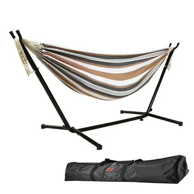 Goutime Hamaca Doble de 2,6 m con Soporte, 250kg de Capacidad, Incluye Bolsa de Transporte portátil Patio Interior, terraza, Patio, balcón (marrón y Blanco)