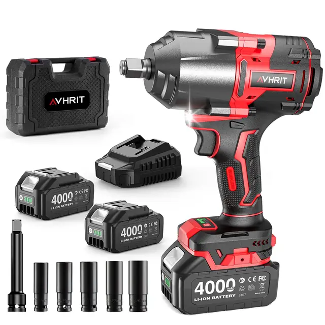 Llave de Impacto Inalámbrica 1600N.m con 2x 4000mAh Baterías, 1/2 Pistola de Impacto Batería, Eléctrica Llave de Impacto para Coches Camiones, con 5 Enchufes