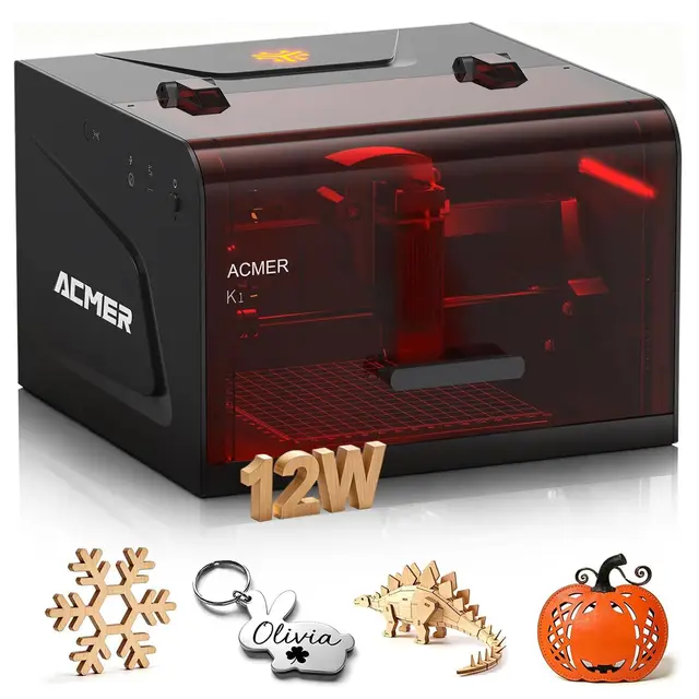 ACMER K1 Máquina de Grabadora Laser 12000mW, Clase 1 Cortadora Láser Pequeña Cerrada de Seguridad, Área de Grabado 150×150mm, Cortadora Láser de Alta Precisión para DIY Madera,Metal,Acrílico,Cuero,etc