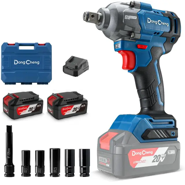 Llave de impacto inalámbrica Dong Cheng 20V sin escobillas, par alto 698 Nm, 2200 RPM, 4 modos, llave de impacto de 1/2 pulgada con caja de almacenamiento, incluye 2 baterías 4,0 Ah y cargador