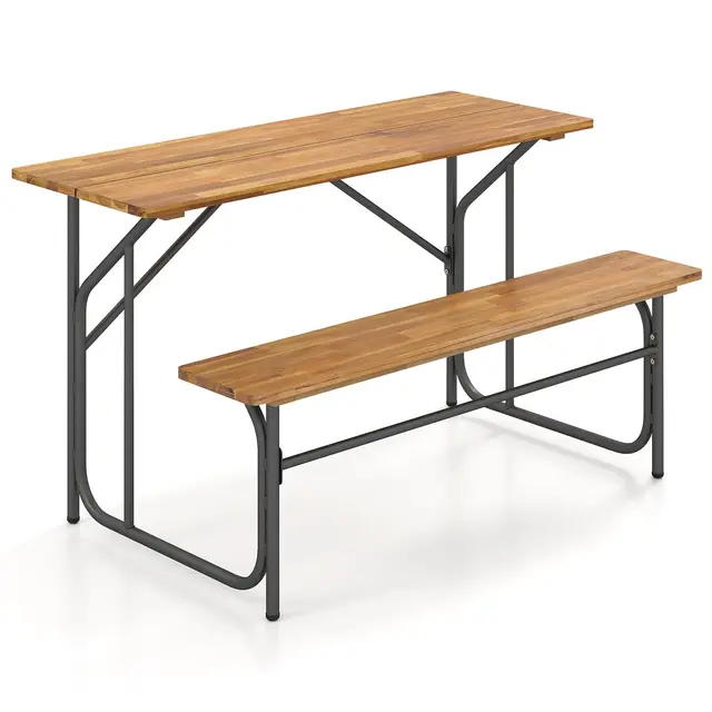COSTWAY Conjunto Jardín Exterior, Mesa y Banco para 2 Persona, Madera de Acacia, Patas de Metal, Muebles Jardin Exterior Interior Terraza Picnic Camping Balcon, Natural (132 x 81,5 x 75 cm)