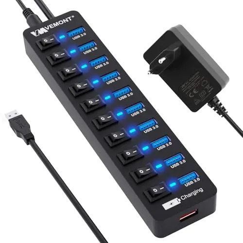 Hub USB 3.0 Alimentado,VEMONT 11 Puertos USB Hub(10*USB3.0 + 1*Carga Inteligente) con Alimentación Externa de 12V/3A,Multi USB con Interruptor Individual y Cable Extensión de 1.2m para PC/Laptop