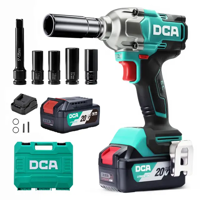 DCA Pistola de Impacto a Batería 20V, Llave de Impacto Motor Sin Escobillas 682 Nm Par Máximo, Encastre de 13 mm, 2 Baterías 4.0Ah, 4 Modos, Luz LED, Smart Loosen, ADPB520
