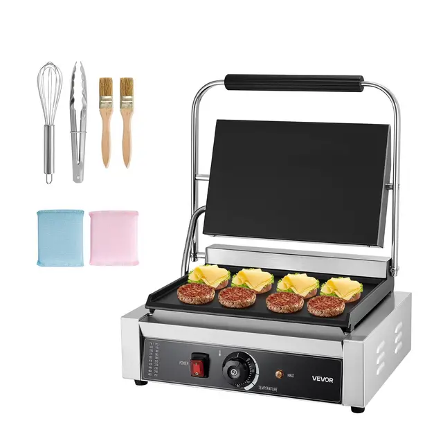 VEVOR Parrilla de Contacto para Paninis de 2200 W para Sándwiches, Filetes, Tocino y Hamburguesas, de Acero Inoxidable, con Asa y Control de Temperatura y Placa Calefactora, 425 x 400 x 205 mm