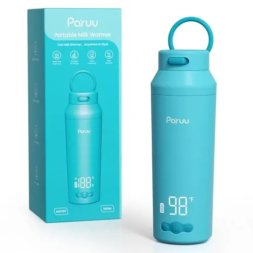 Paruu Calienta Biberones Portatil para Viaje, Calentamiento Rápido en 2 Minutos, Boca Ancha Fácil de Limpiar, 7 Niveles de Regulación de Temperatura, Carga Rápida 30W, Capacidad 350 ml, Azul