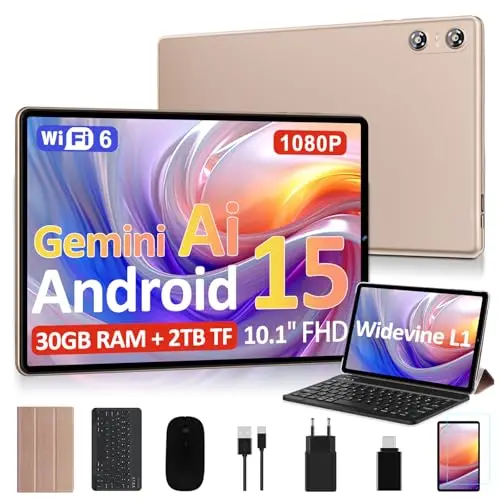 2026 Tablet 10 Pulgadas Android 15, Gemini AI, Octa-Core, 5G WiFi 6, 30GB RAM (2TB TF), Widevine L1, GMS, GPS, BT 5.0, 6000mAh, 5+8MP, 3.5mm Audio, FHD Tablet con Teclado+ Ratón + Funda, Oro