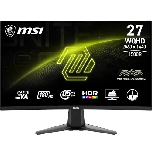 MSI mag 27CQ6FA Monitor Curvo Gaming WQHD de 27": Panel VA rápido de 1500R y 2560 x 1440, 180 Hz/0,5 ms (GtG, mín.), Adaptive-Sync, DP 1.4a, HDMI 2.0b CEC, Frameless, Negro