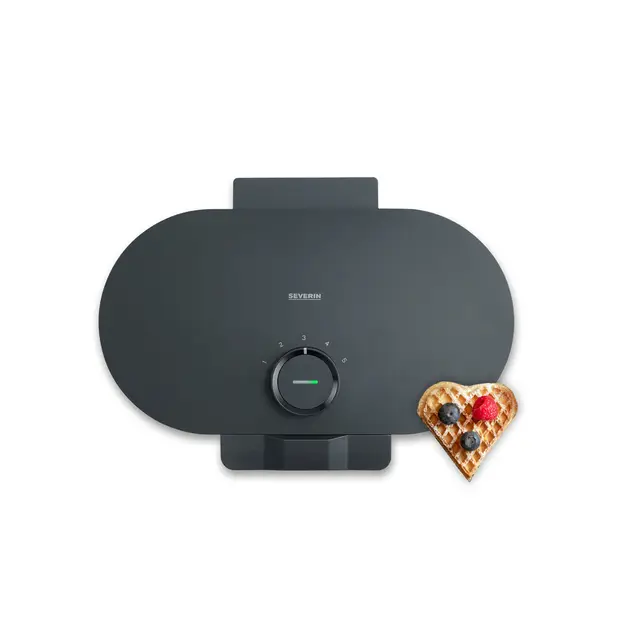 SEVERIN Gofrera Dúo Black Line, placas con forma de corazón, revestimiento sin PFAS, indicador luminoso por colores, práctico espacio para enrollar el cable, 1.200 W, negro mate WA 2119