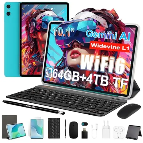 TECLAST P33 Tablet 10 Pulgadas Gemini AI, Android Tableta con 10 Accesorios, 64GB+4TB TF, 2GHz Octa-Core, Widevine L1, WiFi 6, 6000mAh/BT5.4/OTG, Tablet con Teclado+Lápiz+Funda+Ratón+Auriculares, 2026