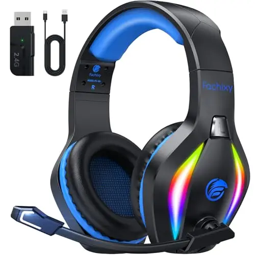 Fachixy FC100 - Auriculares inalámbricos con micrófono, 2,4 G, para PS5, PS4, PC, Switch, Mac, Sonido Envolvente, Bluetooth, Auriculares inalámbricos con luz LED, más de 50 Horas de duración de la