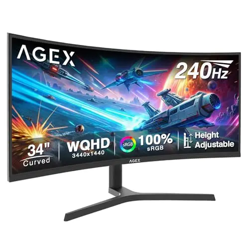 Z-Edge AGEX Monitor Gaming Curvo 34 Pulgadas 240 Hz Resolución UWQHD ultraancha 21:9, MPRT de 1 ms, Panel VA, Brillo de 350 CD/m², Adaptive Sync, Función Pip, DP 1.4 y HDMI 12.1, Altura Ajustable