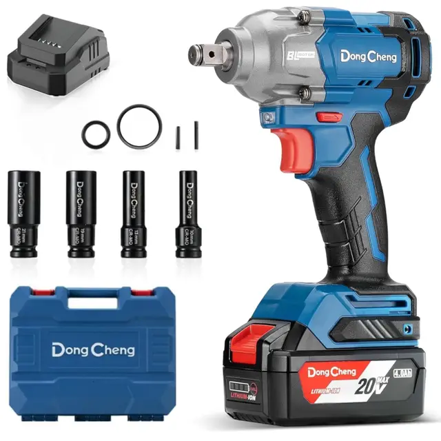 Dong Cheng Llave de Impacto Inalámbrica Brushless 18V con Batería de 4.0Ah, 488N.m alto par, 1/2", transmisión de 3 velocidades, Adecuado para automoción y bricolaje