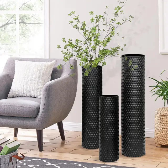 Jarrones de Suelo Grande Negro, 70/55/40 cm Metalicos Altos Jarrones Set de 3, Modernos Textura de Panal Jarron de Suelo para Salón Comedor Dormitorio Oficina