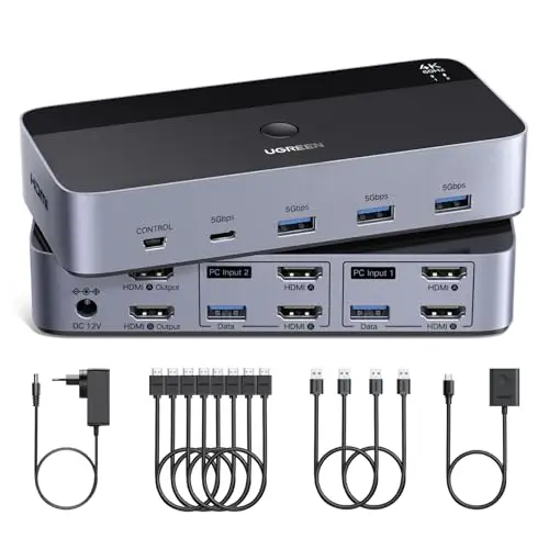 UGREEN Switch KVM HDMI 2.0 2 Entradas 2 Salidas 4K 60 Hz Conmutador KVM para 2 pc con 4 Puertos USB 5 Gbps para Teclado Ratón Disco Duro Controlador de Escritorio Compatible con Windows Linux macOS