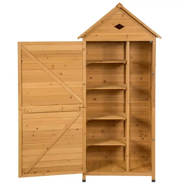 GOPLUS Caseta de Jardín con 5 Estantes y Puerta con Cerradura, 70 x 45 x 160 cm, Herramientas de Jardín de Madera de Abeto, Techo Galvanizado Impermeable, Patas Elevadas para Patio, Natural