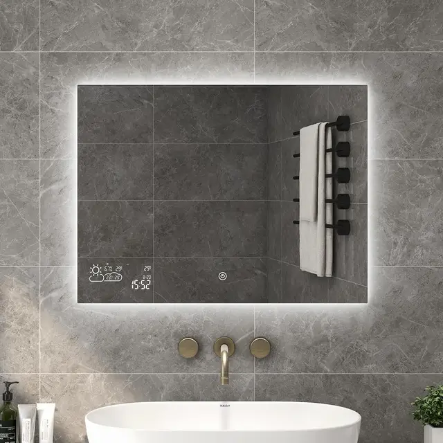 Espejo de Baño con Iluminación LED, Ajustable, Interruptor Táctil WiFi Inteligente, Reloj Antiniebla, Clima, Fecha, Temperatura, Humedad, 80x60CM