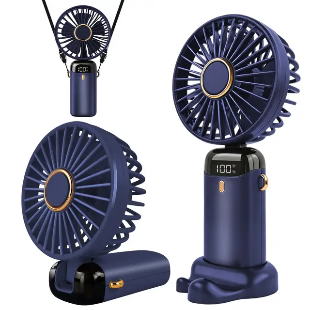 Jsdoin Ventilador de mano portátil, 5 velocidades recargable por USB,funciona con pilas, ventilador plegable de escritorio con pantalla LED para el hogar,oficina,dormitorio,viajes al aire (Azul）