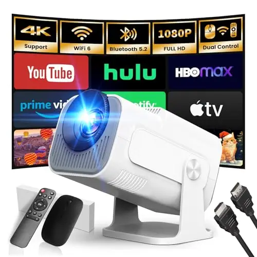 [App Integrada] 2026 Upgraded Proyector Portátil 1920x1080P 4K Supote Videoproyector Dual Control WiFi 6 BT5.2 180° Rotation Compatible con HDMI/TV Stick/USB/Laptop, Blanco