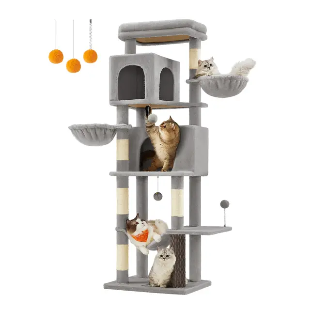 Feandrea Árbol Grande para Gatos, Torre para Arañar de 175 cm de Altura, Multinivel con 2 Cuevas, 2 Cestas, 5 Rascadores, Alfombra, Plataforma, Hamaca, Gris Paloma PCT182G01