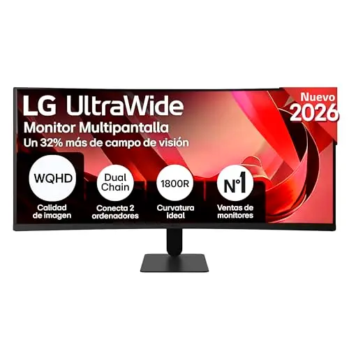LG 34U601B-B - Monitor UltraWide, 34", Curvo, 1800R, VA, WQHD, 3440x1440, 21:9, 120Hz, 120Hz, FreeSync, Premium, HDR10, SuperResolution+, HDMI, DP, Inclinación, Negro Mate