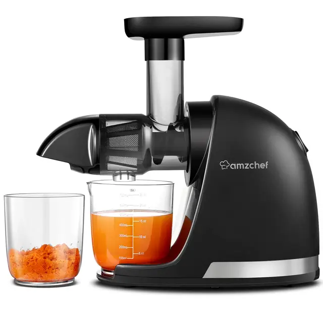 AMZCHEF Licuadora prensado en frío - Extractor de zumos y verduras - Licuadoras para zumos con 2 depósitos y cepillo - Cold press slow juicer machine con función de masticación inversa - Negro Mate