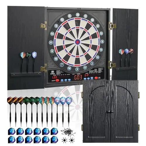 WIN.MAX Juego de diana electrónica profesional, armario para dardos con indicador LED y 211 variantes de juego, juego completo para el hogar