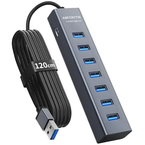 7 Puertos Hub USB 3.0 con 120cm Cable para PC Computadora, Aluminio USB Hub Adaptador multipuerto con USB 3.0 5Gbps, 5V 3A USB-C Alimentado para PC, Laptop, MacBook, Mouse, Teclado, U-Disk etc.