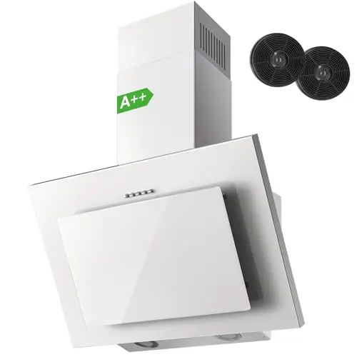 Campana Extractora 60 cm, TopStrong Clase A++ Campana Cocina Decorativa 60 cm Blanco con Filtro Carbono, Evacuación al Exterior & Recirculación Interna, Bajo Consumo, 350m³/h, 3 Niveles, LED