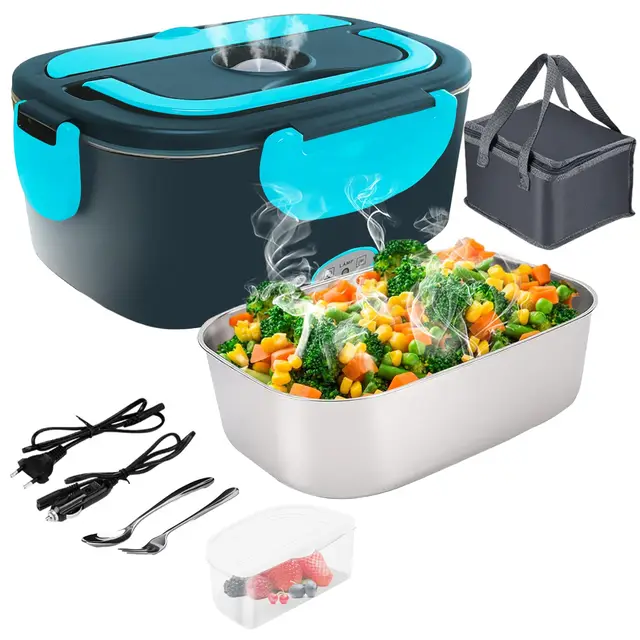 Fiambrera Electrica 4 en 1 12V/24V/220V~240V Calentador de Comida Portatil con Termo para Coche Camión y Trabajo 1.5L 60W en Acero Inoxidable con Tartera Bolsa Térmica y Juego de Cubiertos