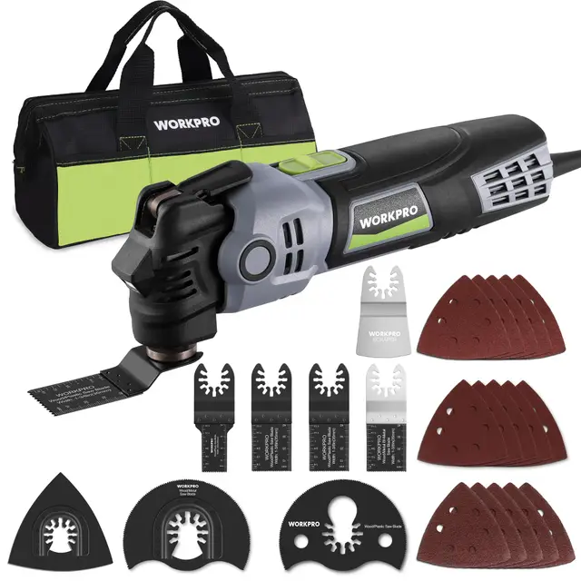 WORKPRO Herramienta Oscilante 400 W, Multiherramienta Eléctrica con 23 Accesorios y Bolsa, 6 Velocidades (15000–22000 RPM), Ángulo de Oscilación de 3,5°, Ideal para Cortar, Lijar y Raspado