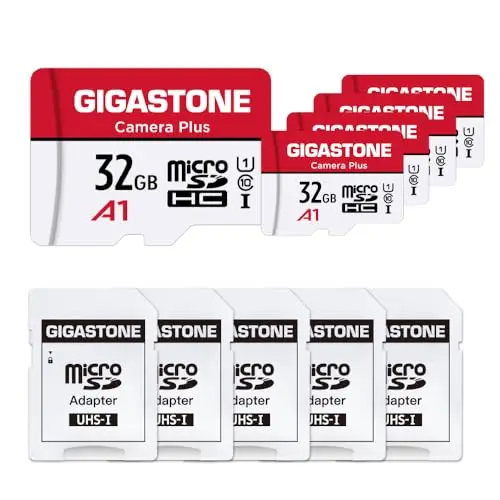 GIGASTONE 32GB Tarjeta de Memoria Micro SD, Paquete de 5, Camera Plus, Compatible con Nintendo Switch, Alta Velocidad 90 MB/s, Grabación de Video Full HD, Micro SDHC UHS-I A1 Class 10, con Adaptador
