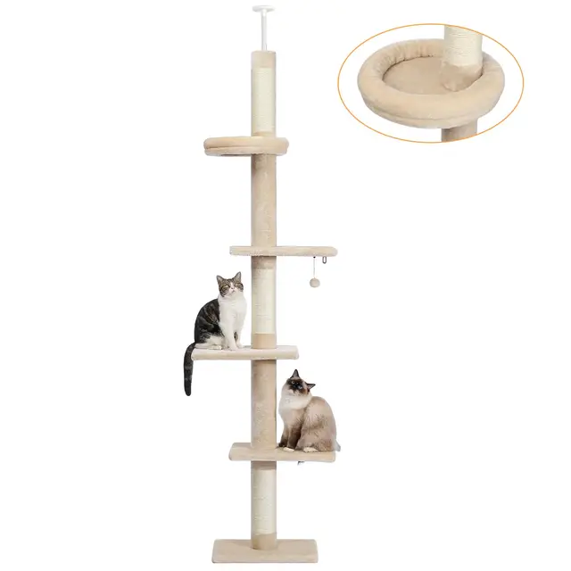 PAWZ Road Cat Tree,Torre de 5 niveles para gatos de piso a techo, altura ajustable, cama acogedora, bola colgante para gatos de interior/gatito