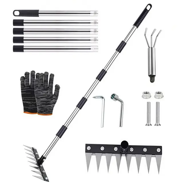 Rastrillo de Deshierbe con Mango de Acero Inoxidable 185cm, Rastrillo de Acero Grueso de 8 Dientes, Herramienta de Extracción de Malas Hierbas, para Deshierbar, Aflojar, Sembrar, Patio y Jardín