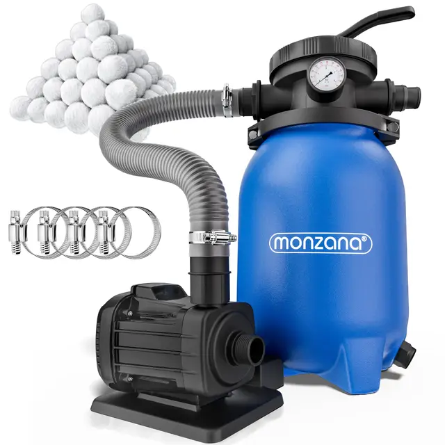 MONZANA® Depuradora Piscina 5000 L/h Filtro de Arena hasta 15.000 L con Bolas de Filtro Válvula 7 Funciones Filtrado Adaptador Ø32-38mm 180W Bomba Indicador de Presión