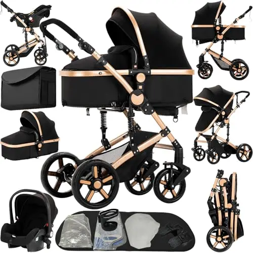 Carrito Bebe 3 en 1, Carro Bebe con Dos Modos de Empuje Reversibles, Cochecito Bebe 3 Piezas con Marco de Aluminio, Carricoche Bebe con Diseño Plegable con Un Solo Clic (588 Black Gold)
