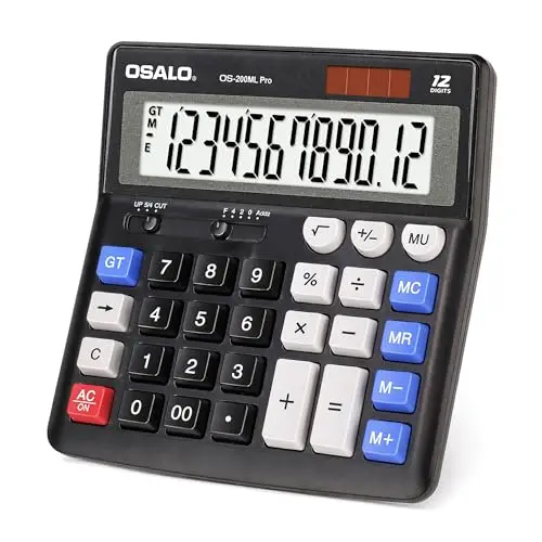 OSALO Calculadora de escritorio con pantalla extra grande de 12 dígitos LCD para contabilidad con botón de respuesta gigante, batería y energía solar para oficina, negocios, hogar y uso diario en